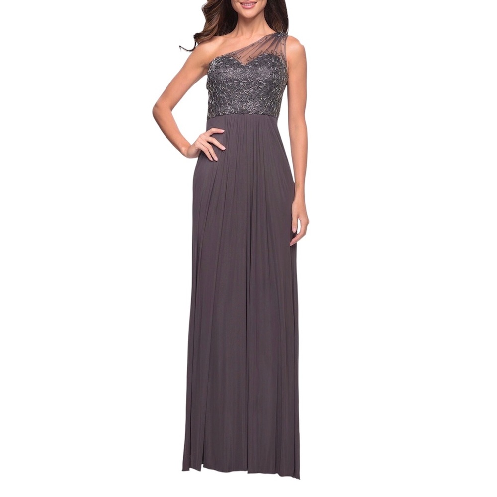 La Femme Gray Beaded One Shoulder Gown Mesh And Jersey Knit Dress Size 2